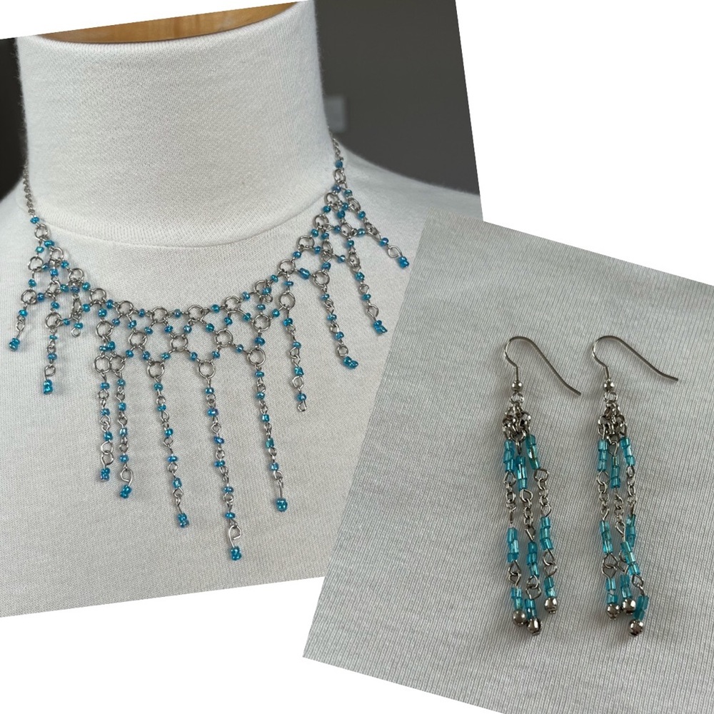 Necklace and Earrings Set Handmade Artisan Turquoise Silver